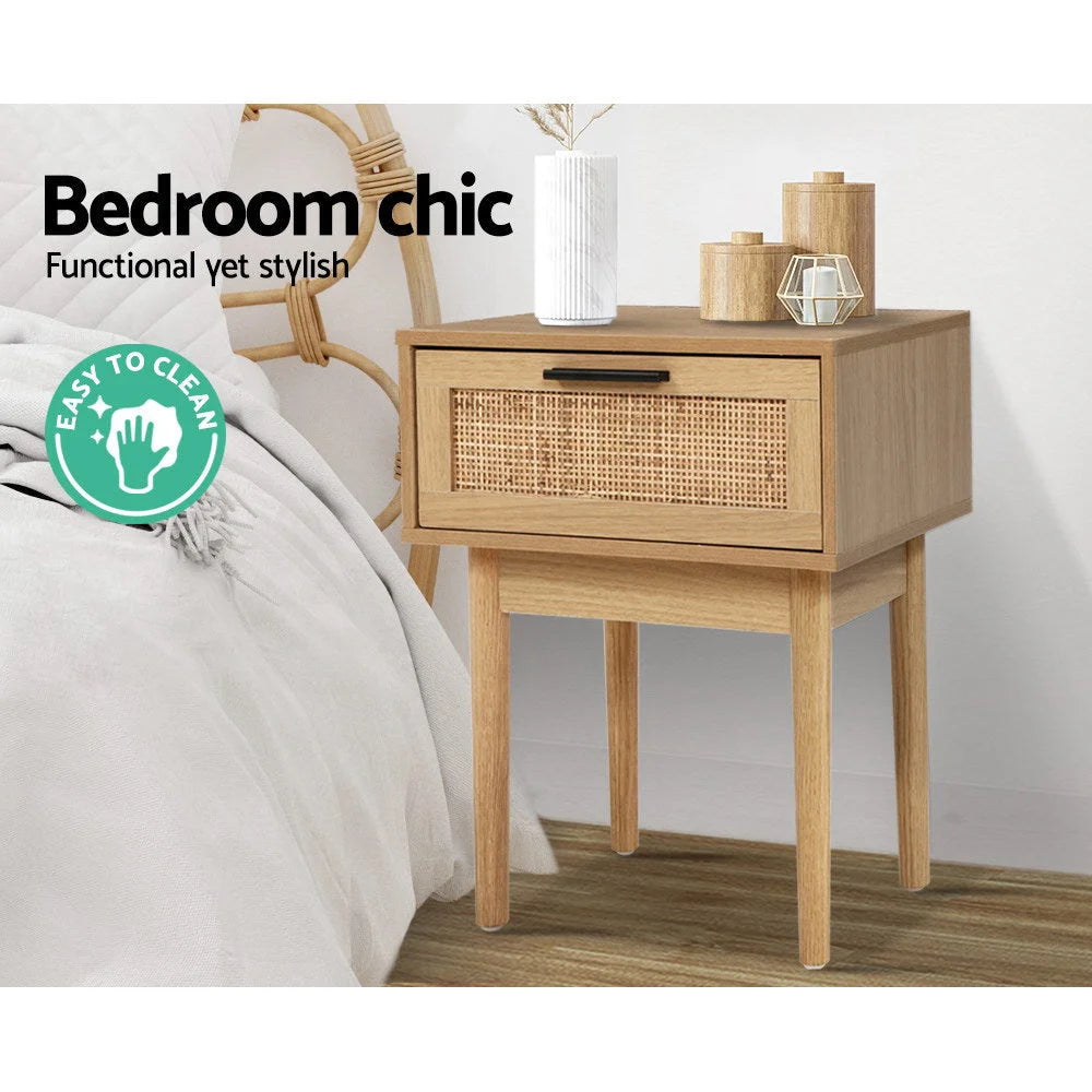 Bedside Table with 1 Drawer Storage Cabinet Rattan Wood