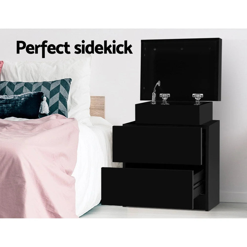 Black wood bedside table with small bedroom cabinet and handle details