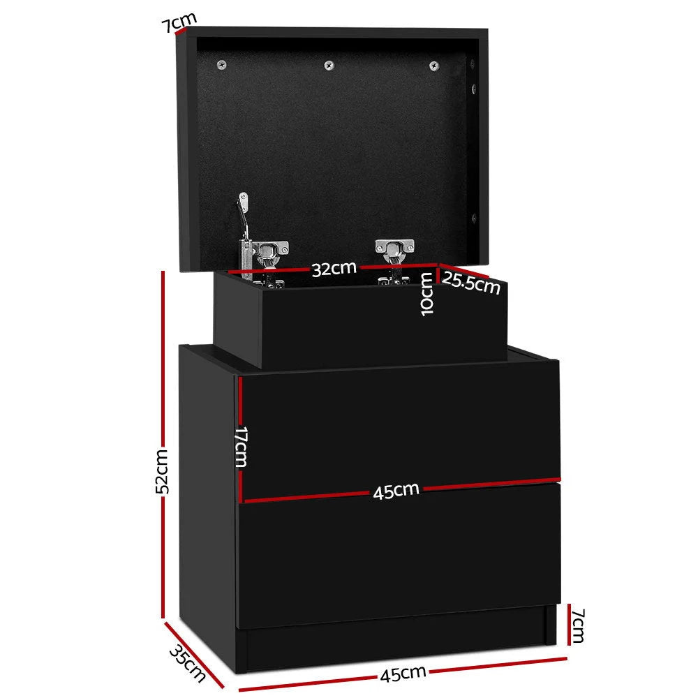 Black wood bedside table with white drawers and wooden legs
