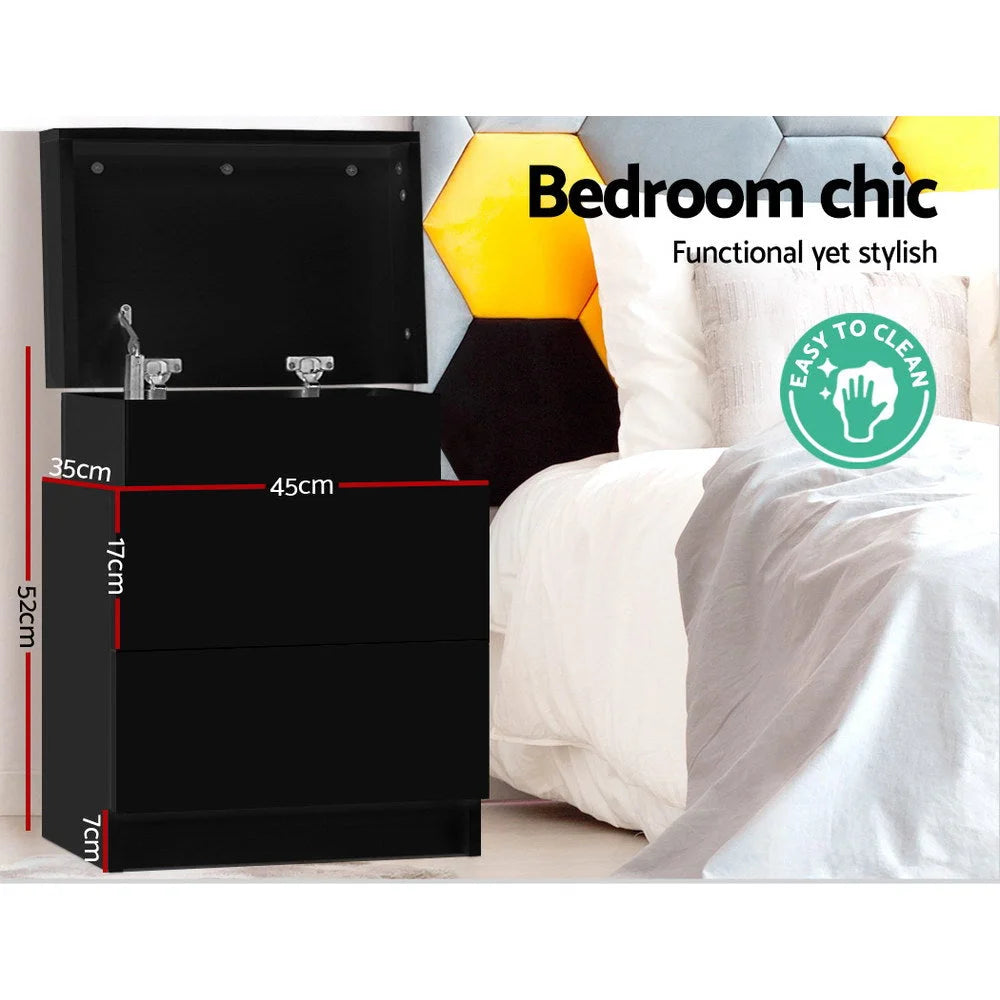 Black wood bedside table with two drawers and timber legs