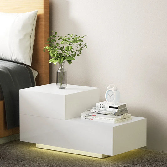 Bedside Tables 2 Drawers Side Table RGB LED High Gloss