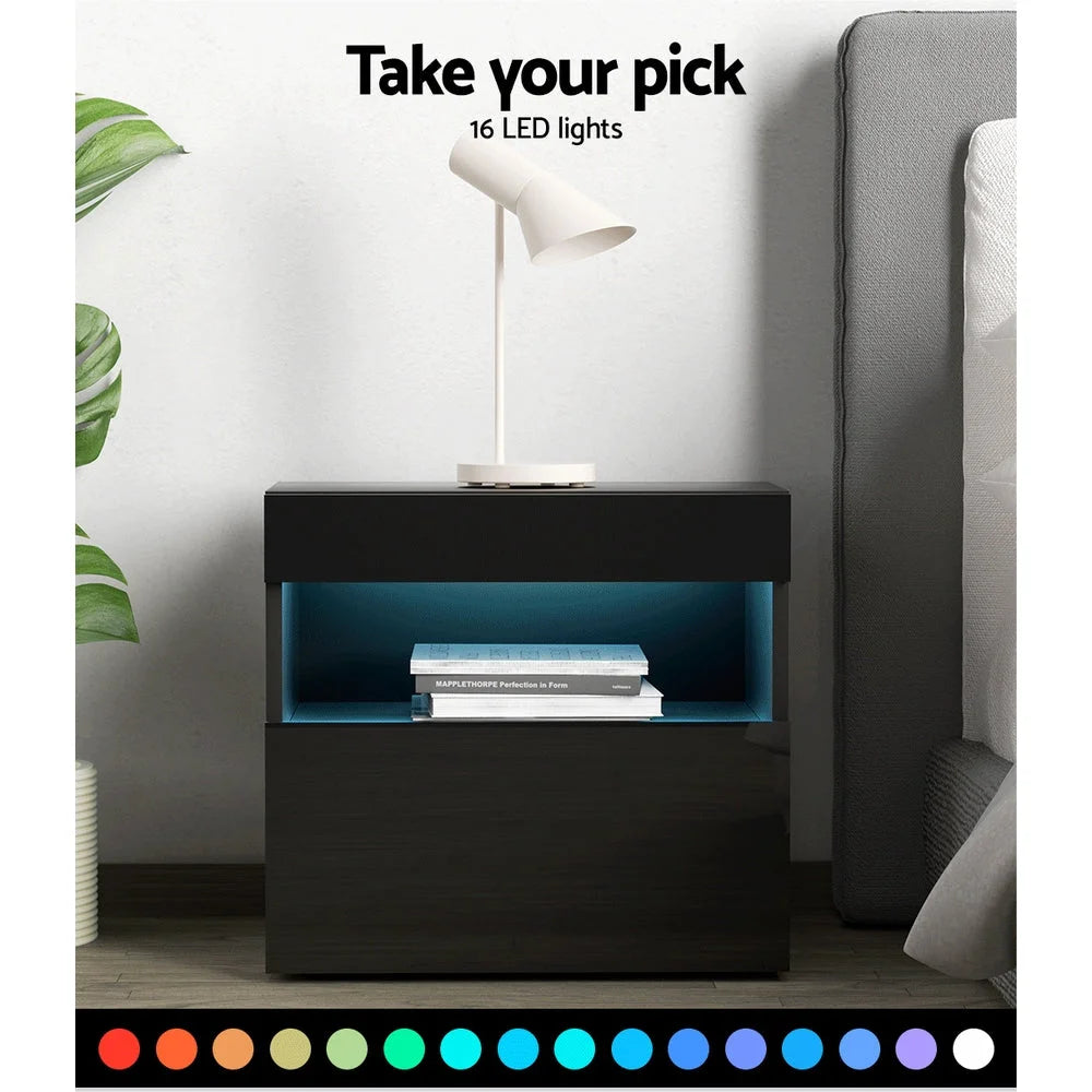 Bedside Tables Drawers Side Table with RGB LED - High Gloss