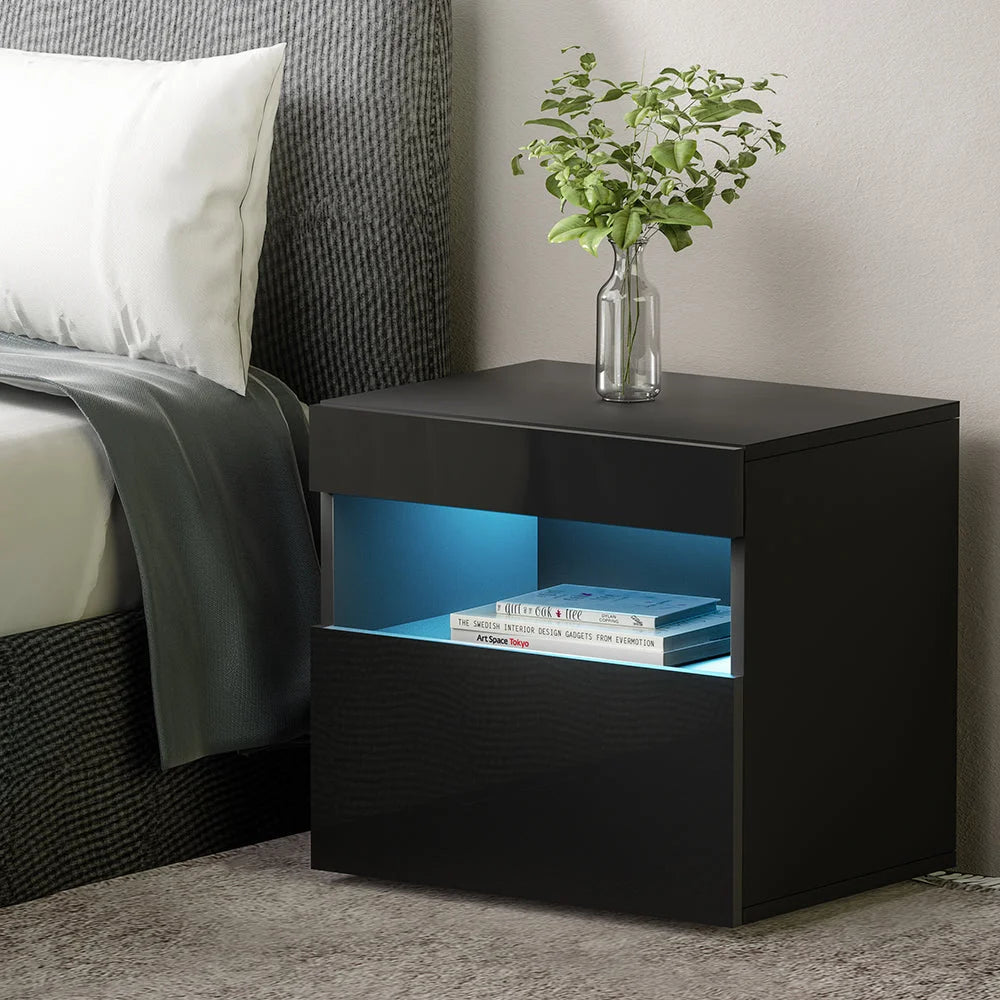 Bedside Tables Drawers Side Table with RGB LED - High Gloss