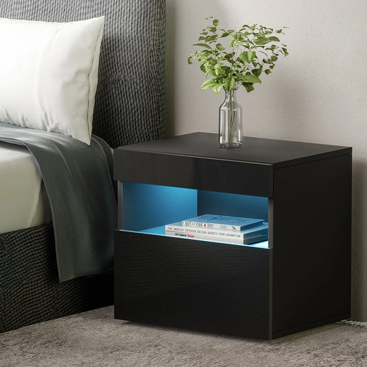 Bedside Tables Drawers Side Table with RGB LED - High Gloss