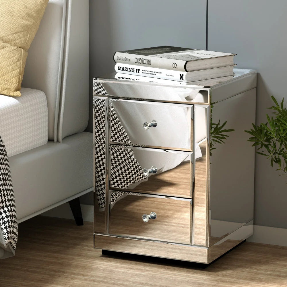 Bedside Tables Set 2 Mirrored Drawers End Table Cabinet Nightstand