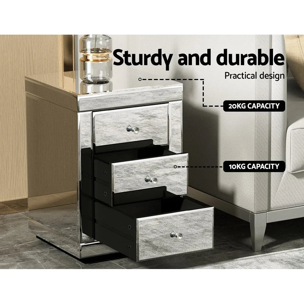 Set 2 Mirrored Drawers End Table Cabinet Nightstand Bedside Tables