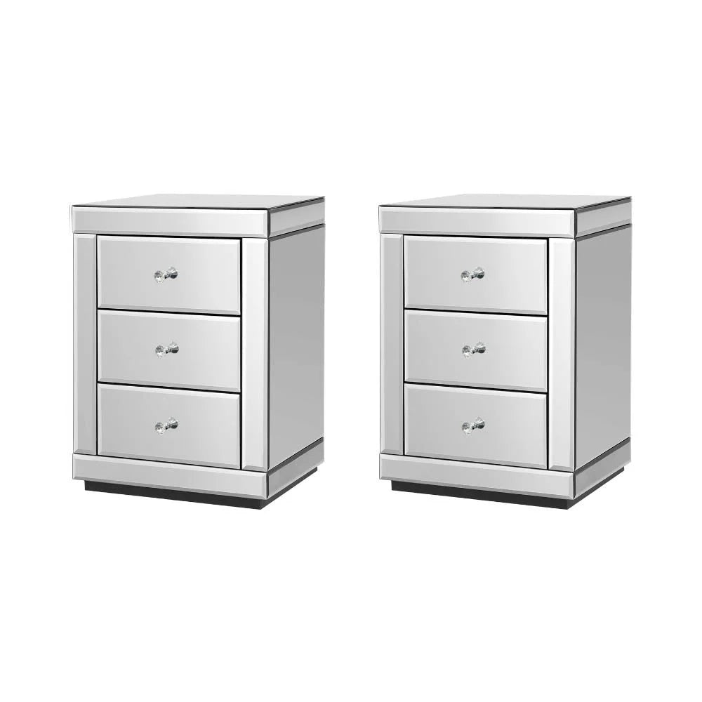 Drawers End Table Cabinet Nightstand Bedside Tables Set 2 Mirrored