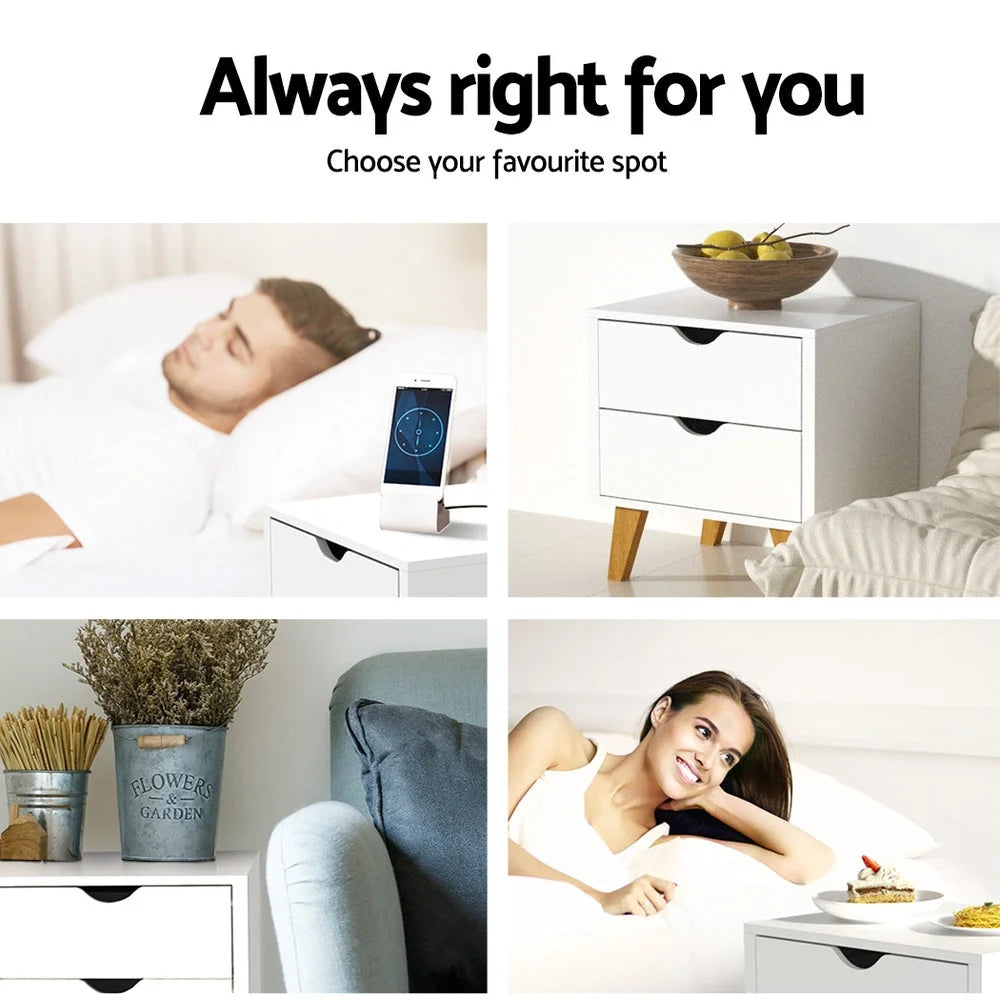 White wooden bedside tables set with handles, panels and accessory pieces