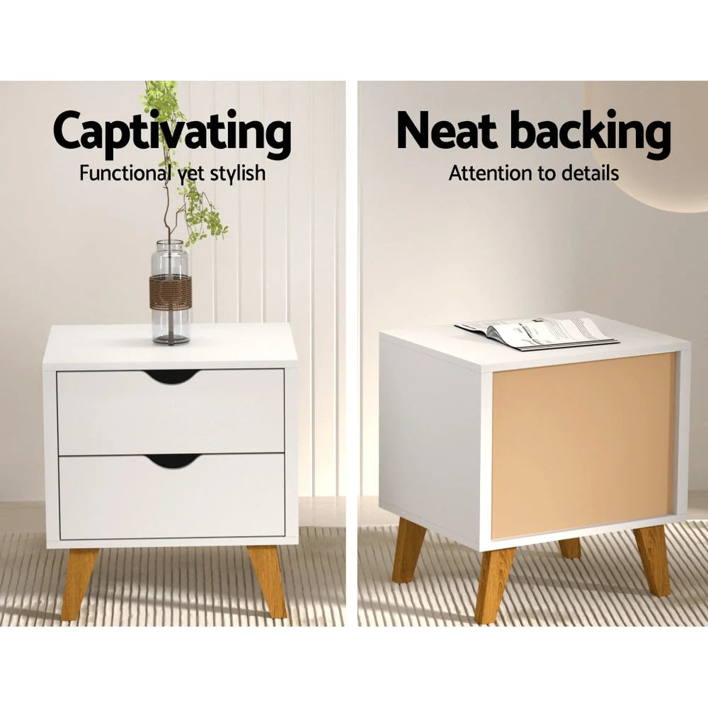 White wooden bedside tables set with colour matched pieces and support fittings
