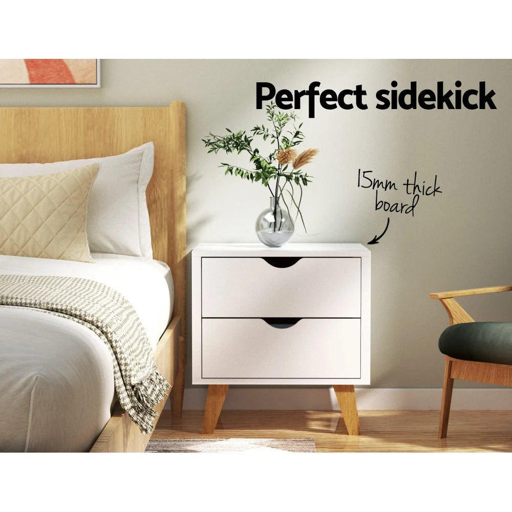 White wooden bedside tables set with caster wheels and side handle rail