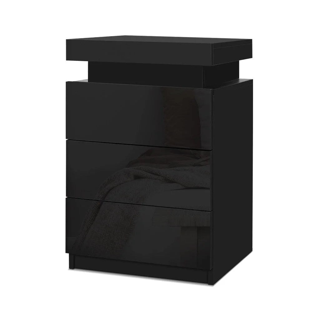 Bedside Tables Side Table 3 Drawers RGB LED High Gloss