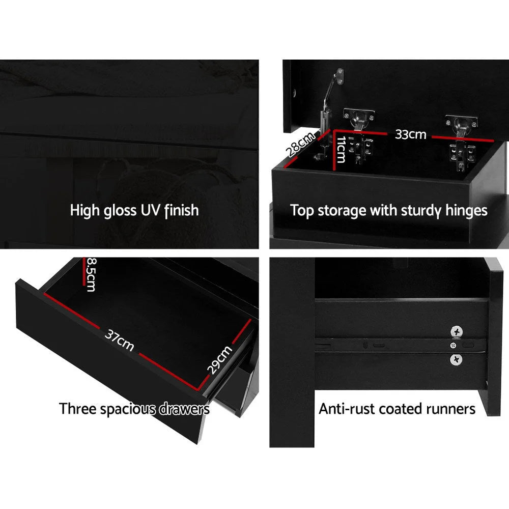 Bedside Tables Side Table 3 Drawers RGB LED High Gloss