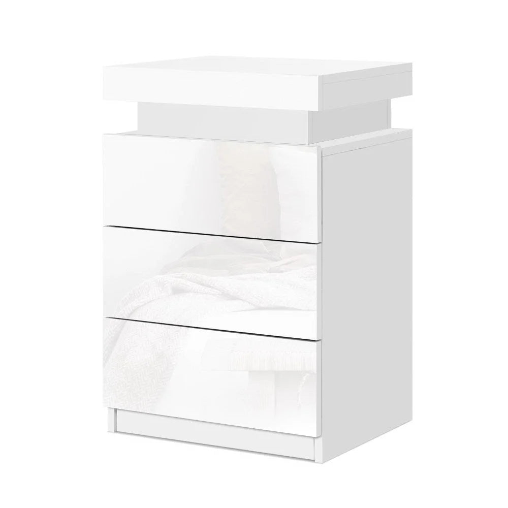 Bedside Tables Side Table 3 Drawers RGB LED High Gloss