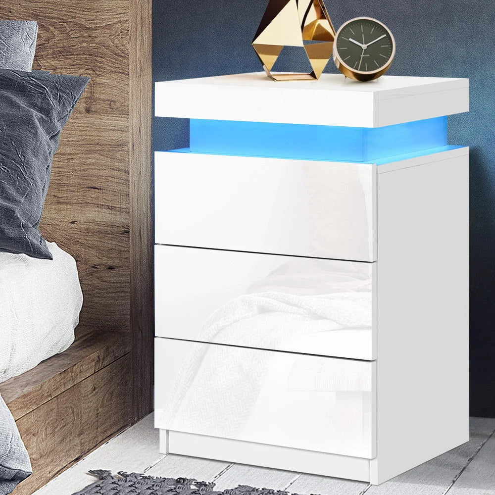 Bedside Tables Side Table 3 Drawers RGB LED High Gloss