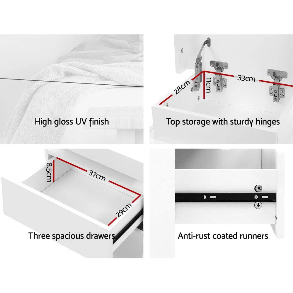 Bedside Tables Side Table 3 Drawers RGB LED High Gloss