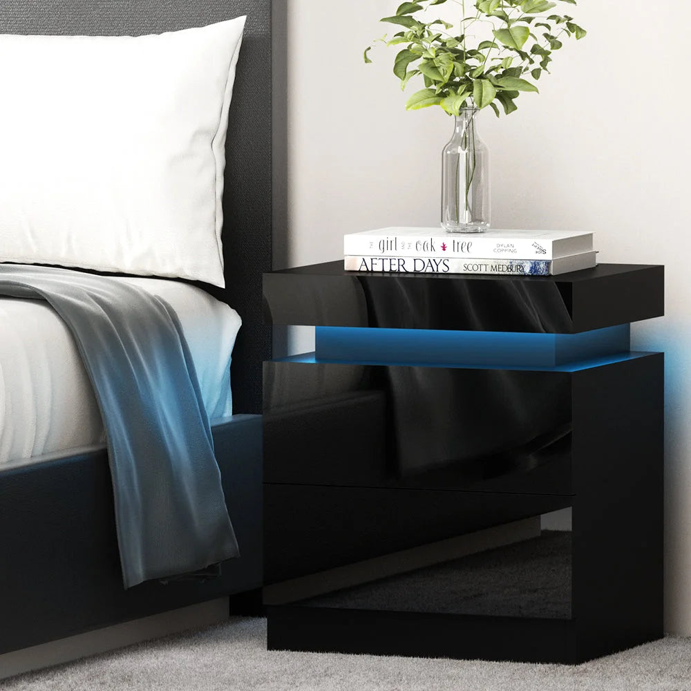Bedside Tables Side Table Drawers RGB LED High Gloss