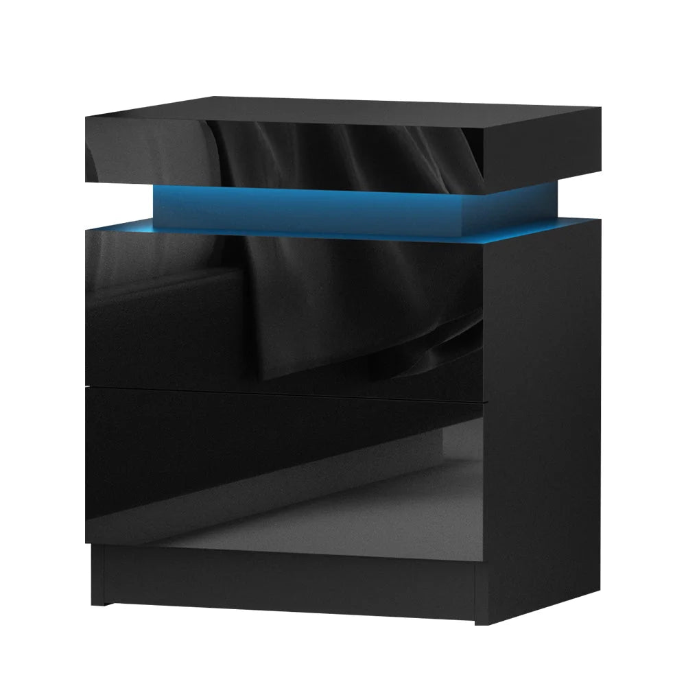 Bedside Tables Side Table Drawers RGB LED High Gloss