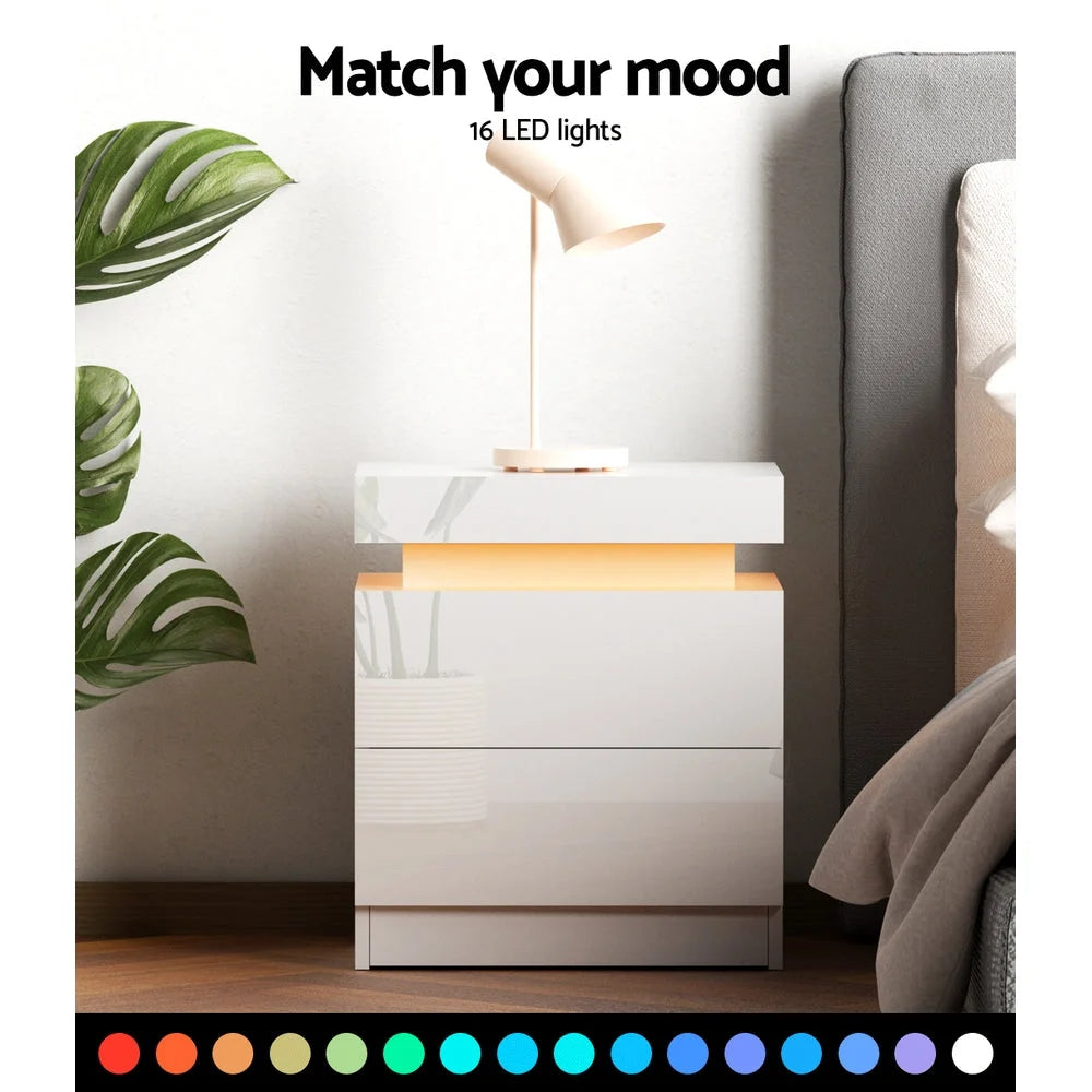 Bedside Tables Side Table Drawers RGB LED High Gloss