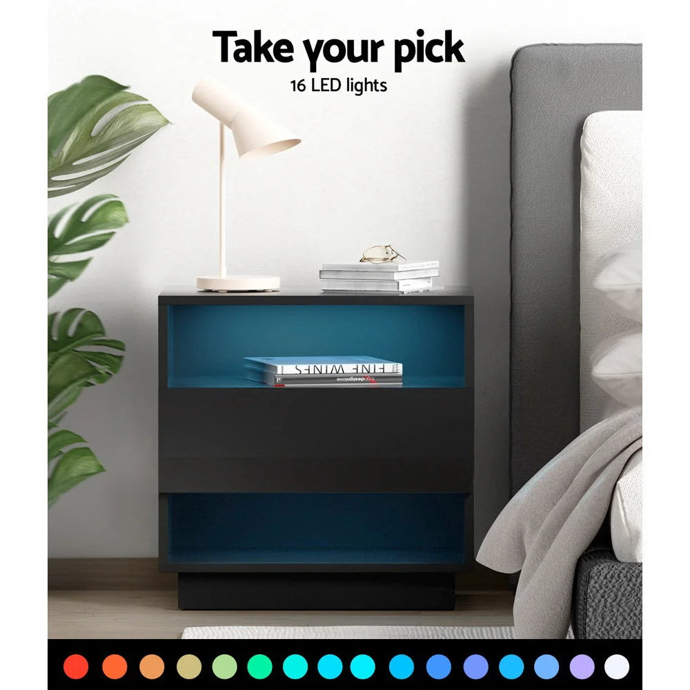 Bedside Tables Side Table with RGB LED Drawers - High Gloss