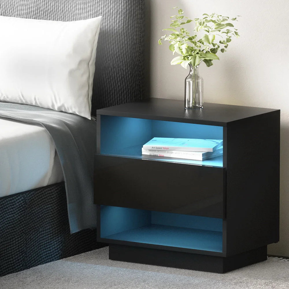 Bedside Tables Side Table with RGB LED Drawers - High Gloss