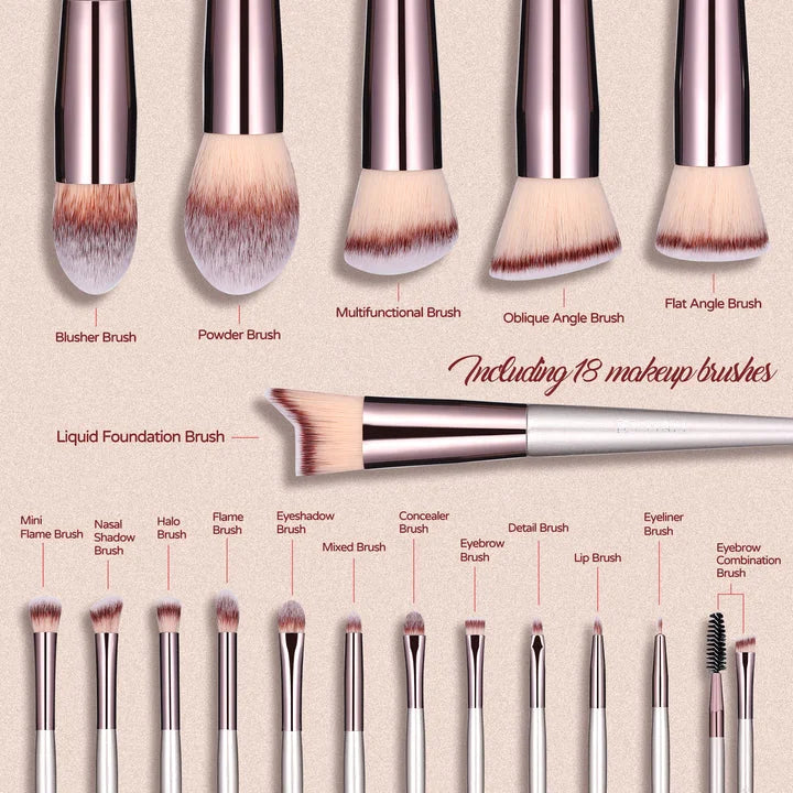 Beige 18-Piece Makeup Brush Set - Professional Synthetic