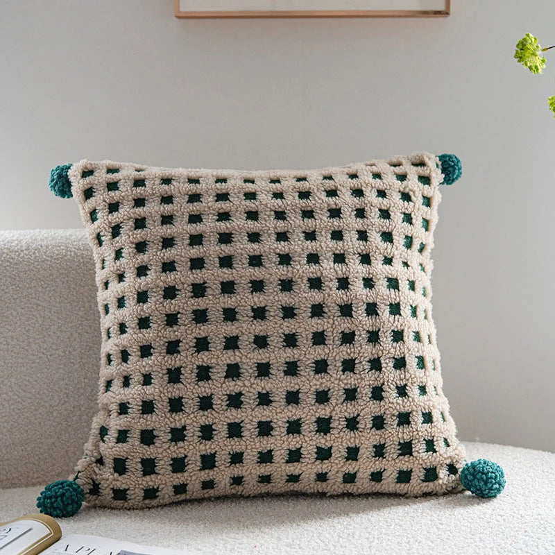 Beige and Green 3D Checkered Cushion Cover with Pom Poms