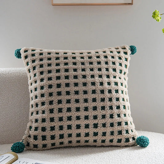 Beige and Green 3D Checkered Cushion Cover with Pom Poms