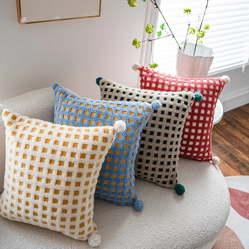 Beige and Green 3D Checkered Cushion Cover with Pom Poms