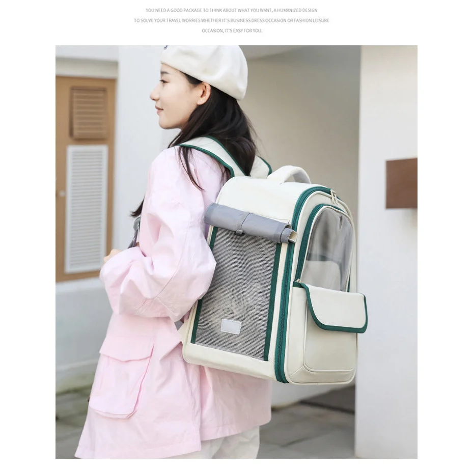 Beige And Pink Spacious Pet Carrier Backpack with Clear
