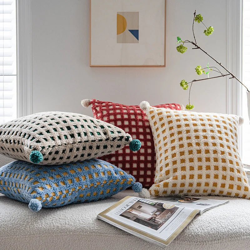 Beige and Yellow 3D Checkered Cushion Cover with Pom Poms