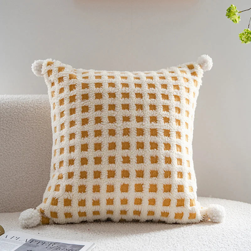 Beige and Yellow 3D Checkered Cushion Cover with Pom Poms
