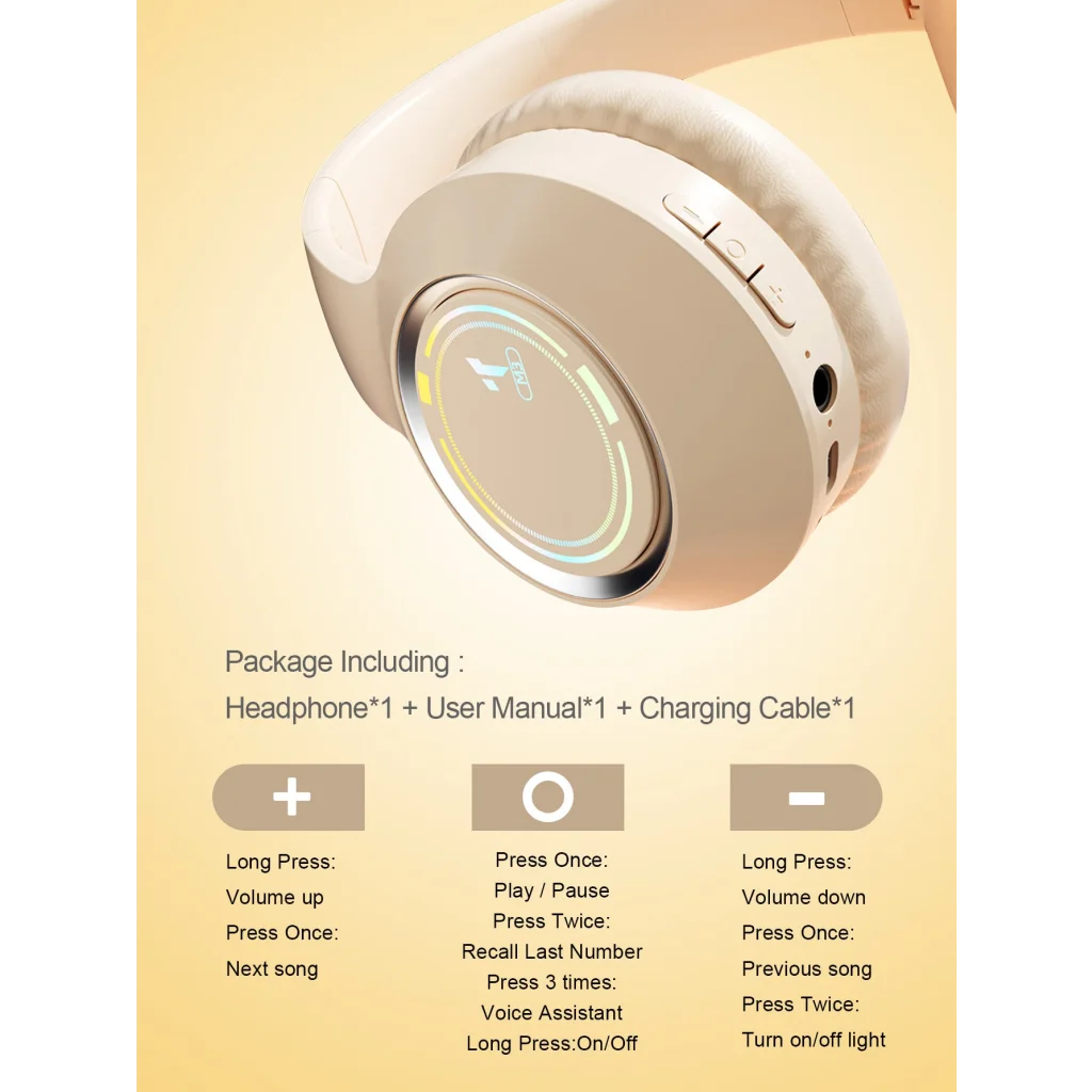 Beige Bluetooth 5.2 Headphones - Foldable Adjustable