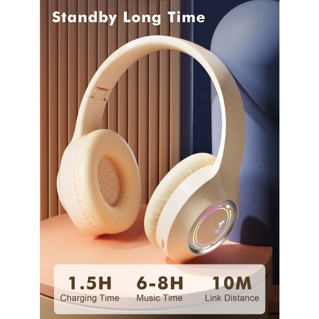 Beige Bluetooth 5.2 Headphones - Foldable Adjustable