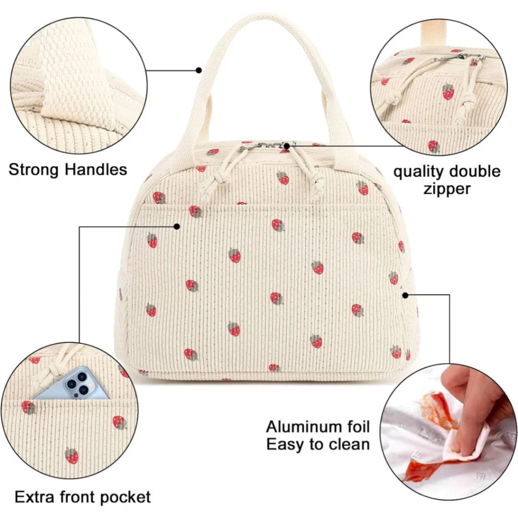Beige Checkered Pattern Corduroy Lunch Bag - Insulated