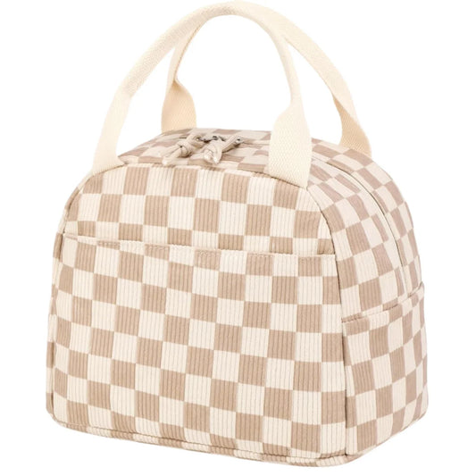 Beige Checkered Pattern Corduroy Lunch Bag - Insulated