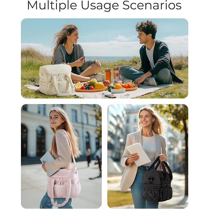 Beige Chic Double Deck Insulated Lunch Bag - Leakproof