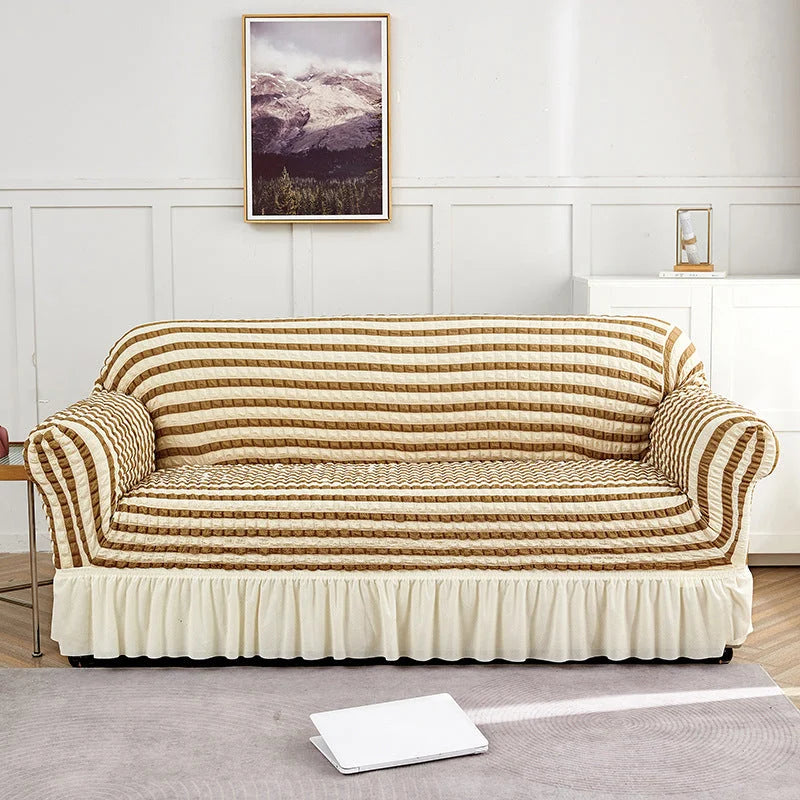 Beige-coffee Double Sofa Bubble Gauze Sofa Cover with Skirt