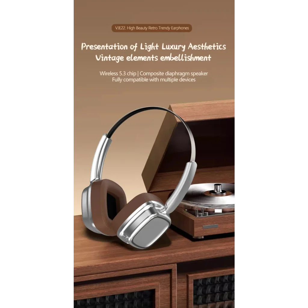 Beige Compact Retro Headphones - Wireless Bluetooth Deep