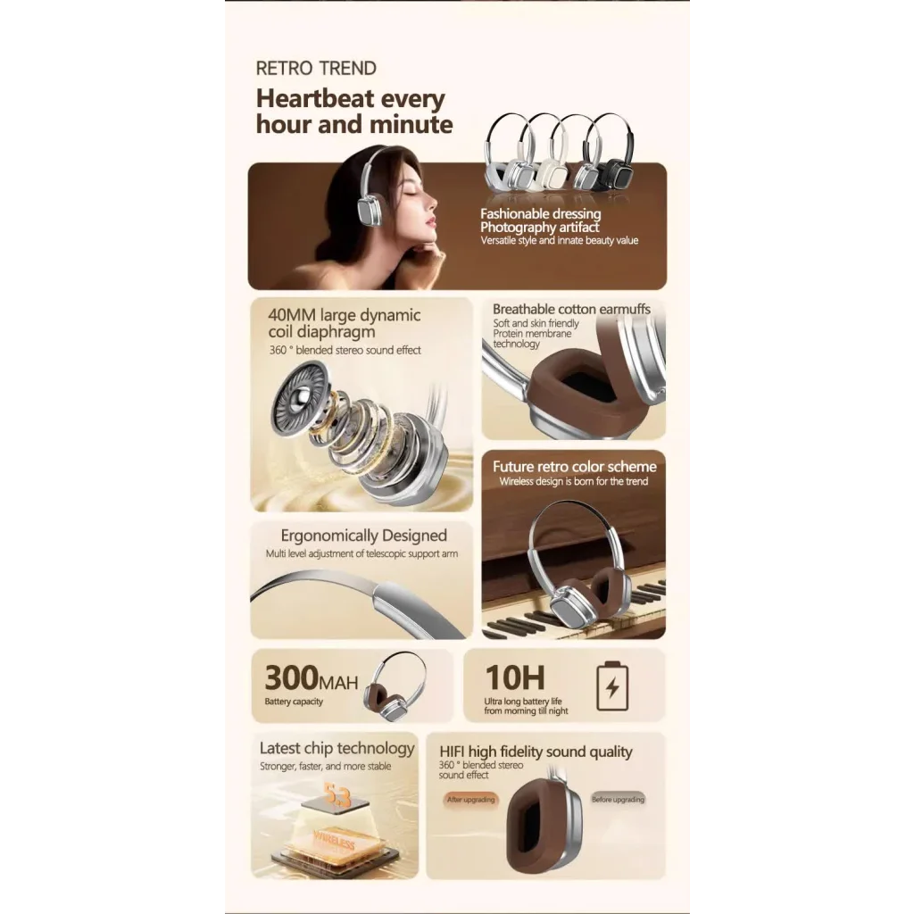 Beige Compact Retro Headphones - Wireless Bluetooth Deep