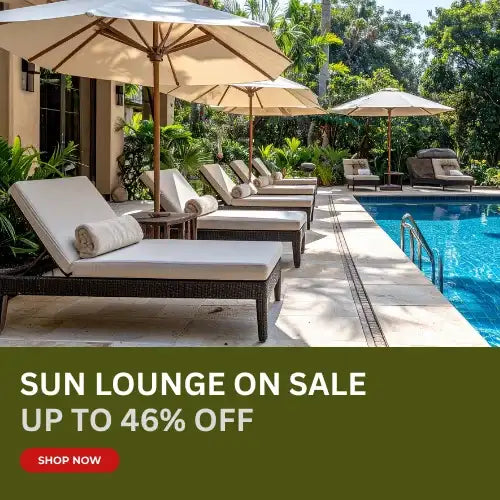 Beige cushioned lounge chairs with dark brown wicker frames arranged by a poolside.