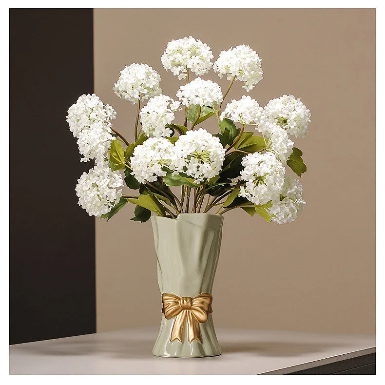 Beige Elegant Ceramic Vase with Golden Bow Accent