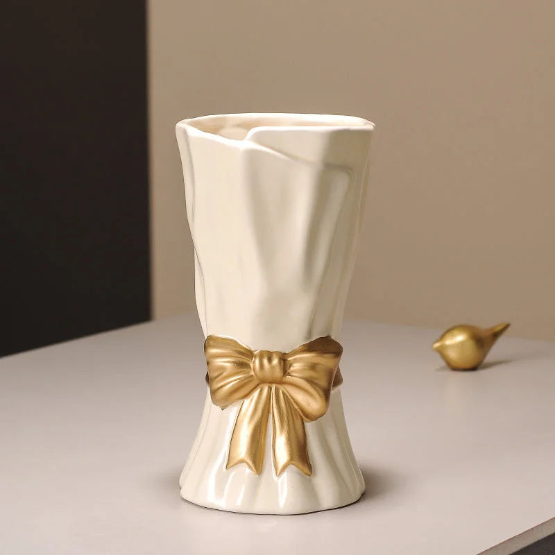 Beige Elegant Ceramic Vase with Golden Bow Accent