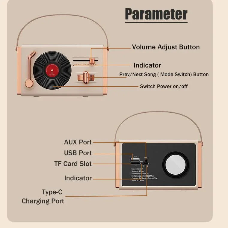 Beige Retro Record Player Style Bluetooth Speaker