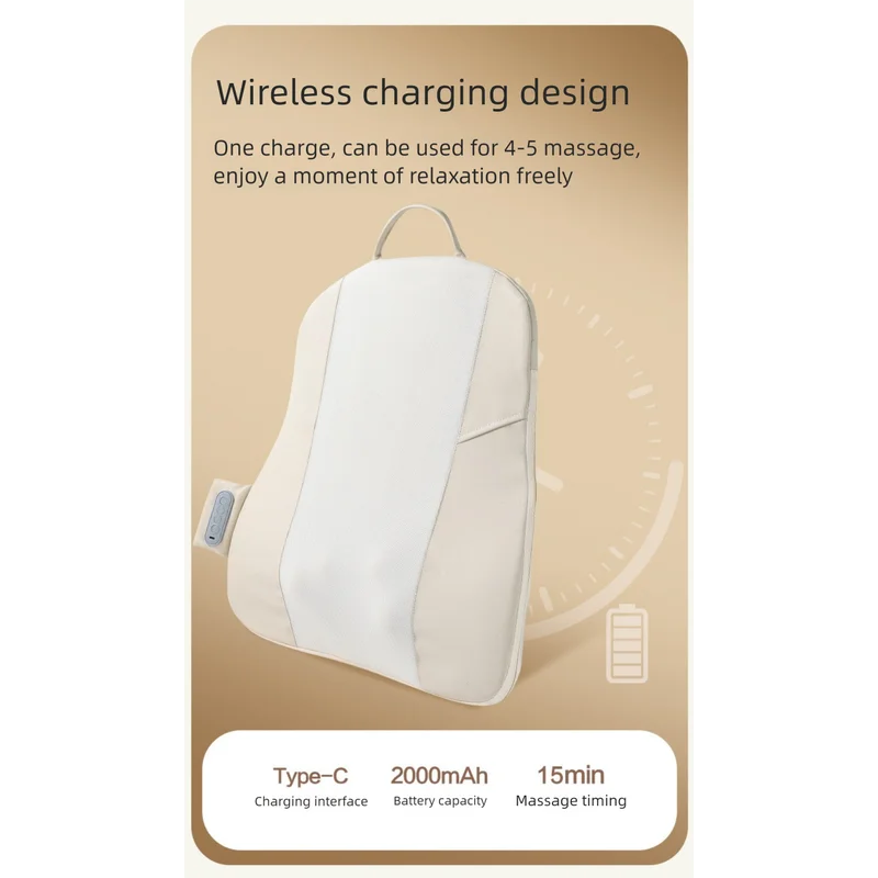 Beige Slim Wireless Shiatsu Back Massager Cushion