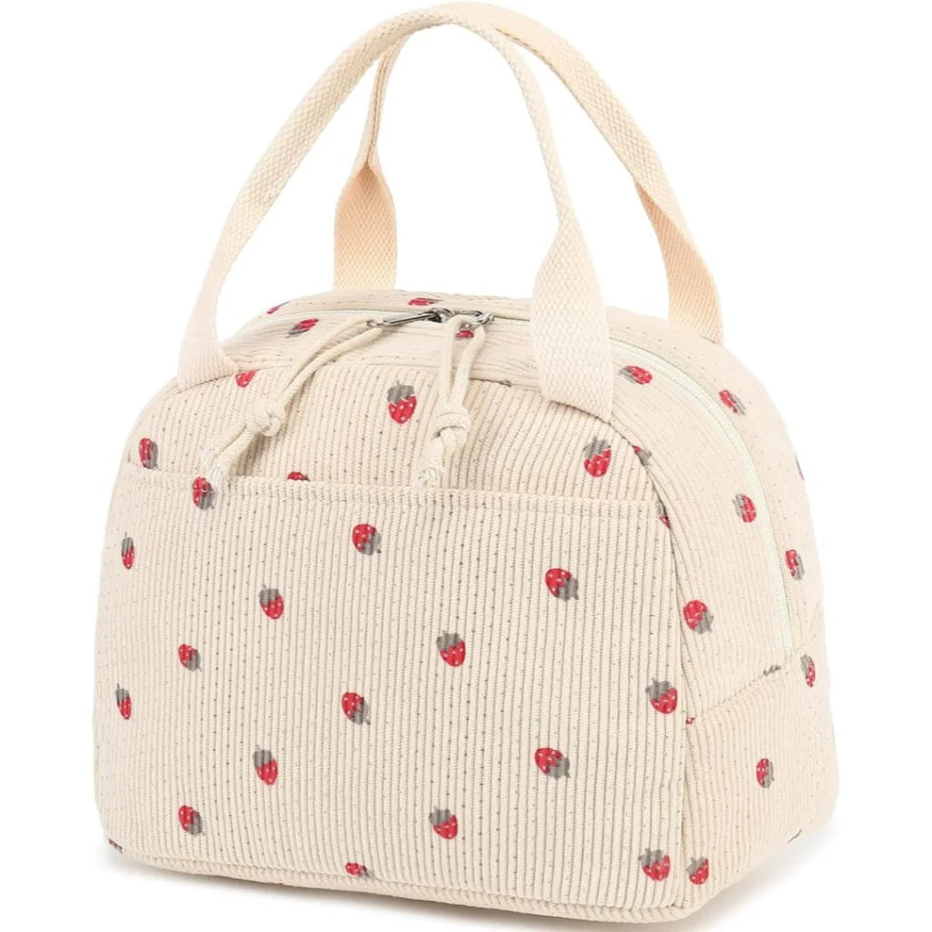 Beige Strawberry Pattern Corduroy Lunch Bag - Insulated