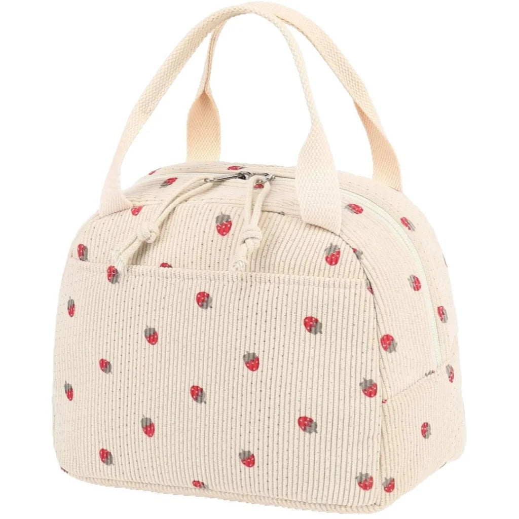 Beige Strawberry Pattern Corduroy Lunch Bag - Insulated