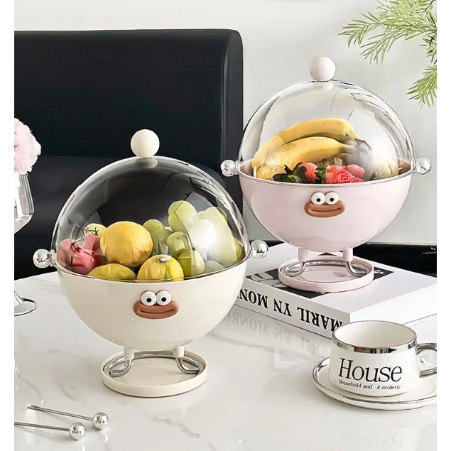 Beige Whimsical Covered Fruit Bowl with Flip Lid & Drainer