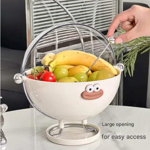Beige Whimsical Covered Fruit Bowl with Flip Lid & Drainer
