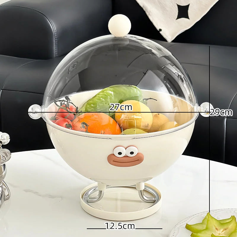 Beige Whimsical Covered Fruit Bowl with Flip Lid & Drainer