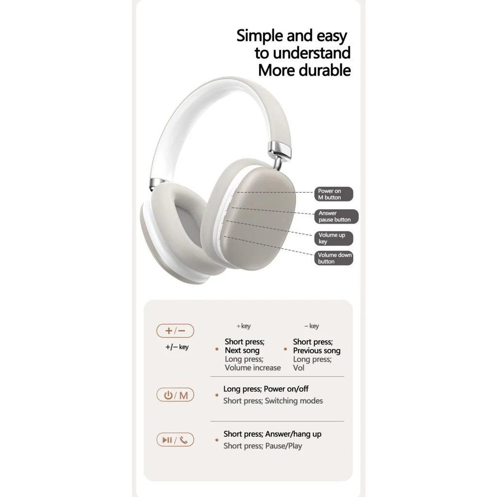 Beige Wireless Bluetooth Headphones - Over-Ear Deep Bass